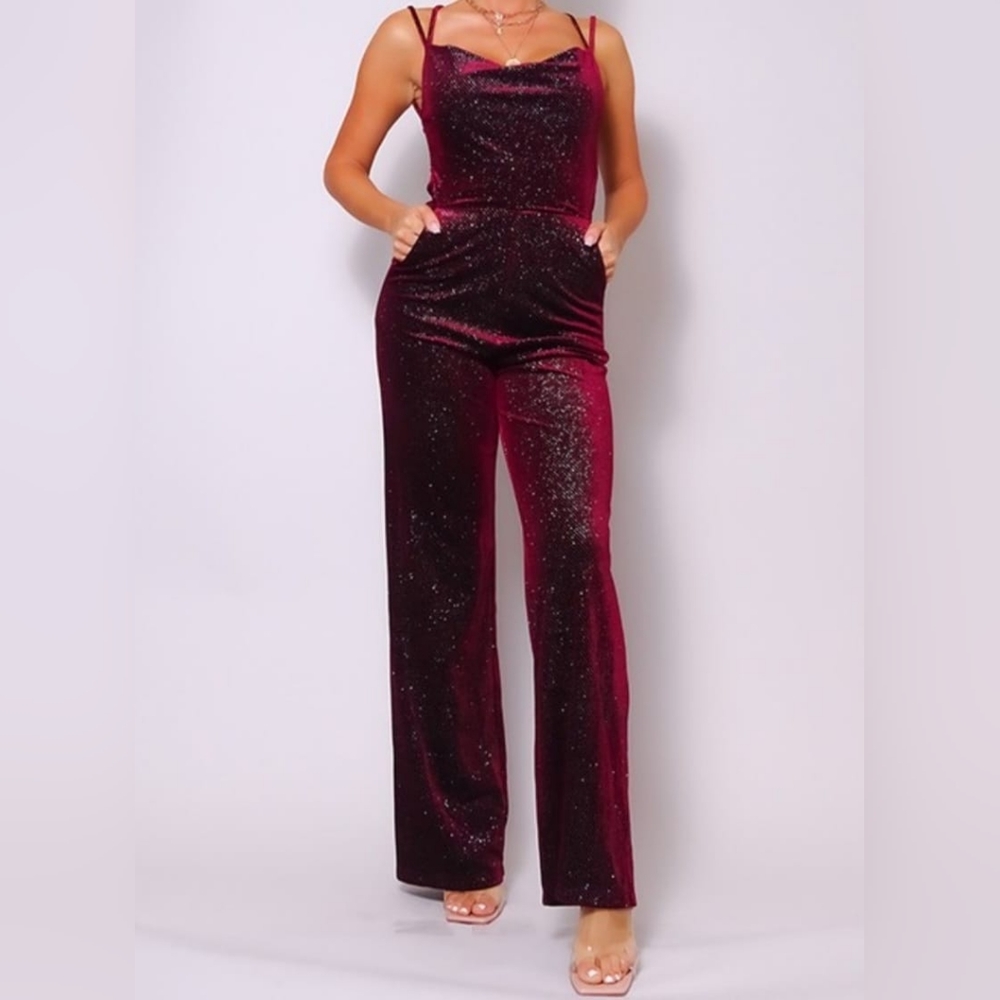 New Burgundy sparkle velvet jumpsuit